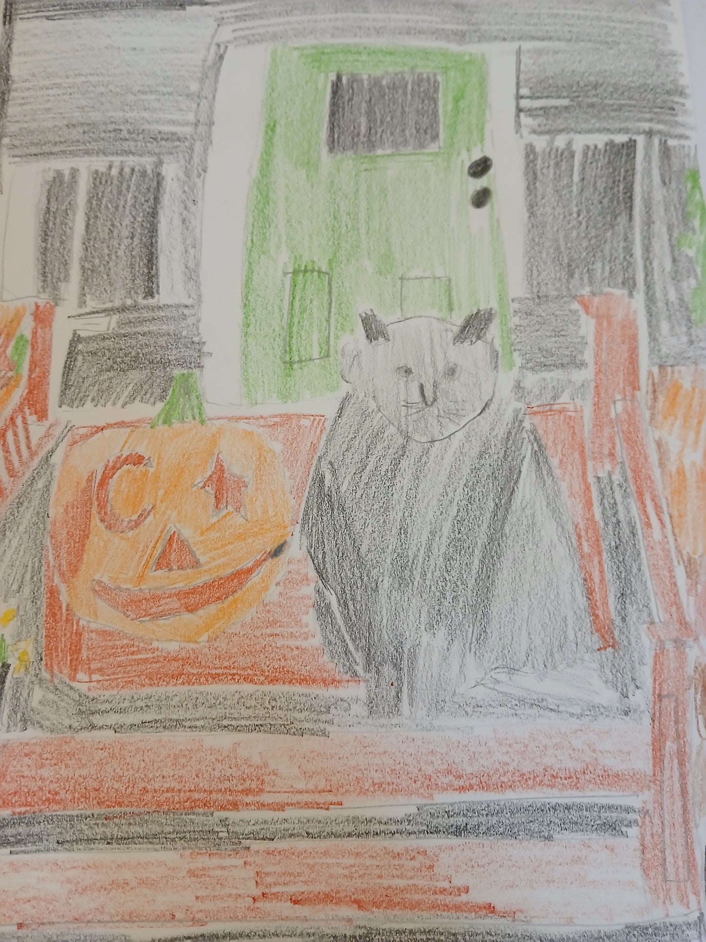 A Halloween Digital Product Drawing of a Black Cat with Jack o Lantern made in 2022 by Joseph Evaldi