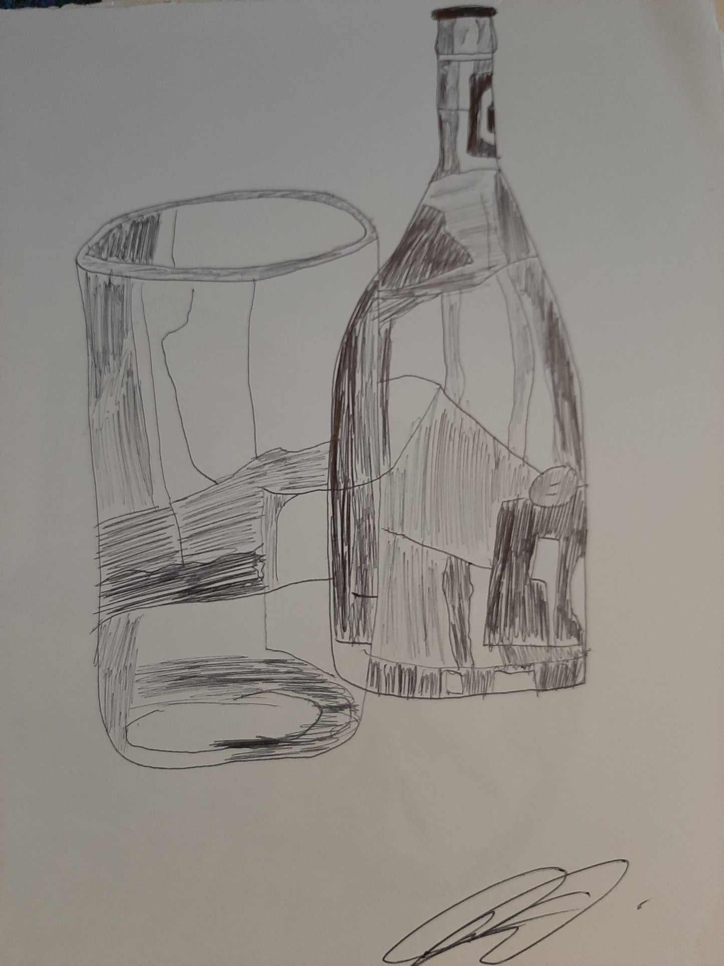 Digital Art Pen Drawing of Wine Bottle and Glass by Joseph Evaldi made in the 2010s