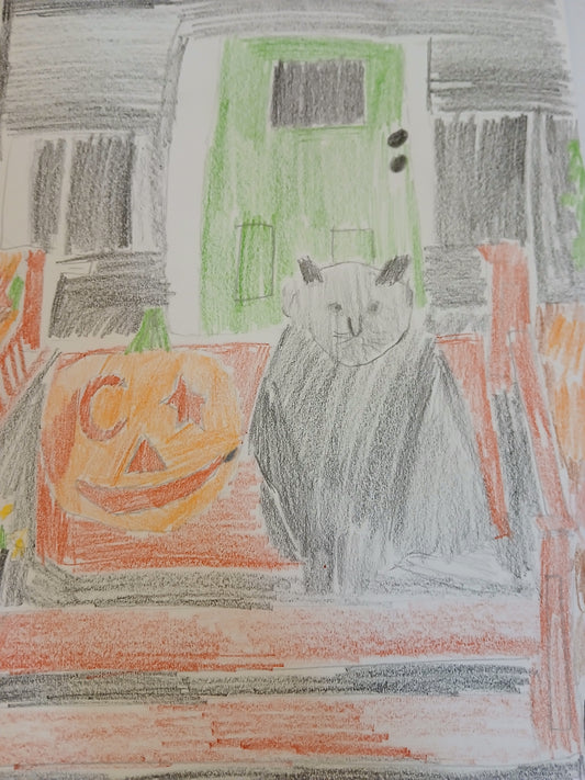 A Halloween Digital Product Drawing of a Black Cat with Jack o Lantern made in 2022 by Joseph Evaldi
