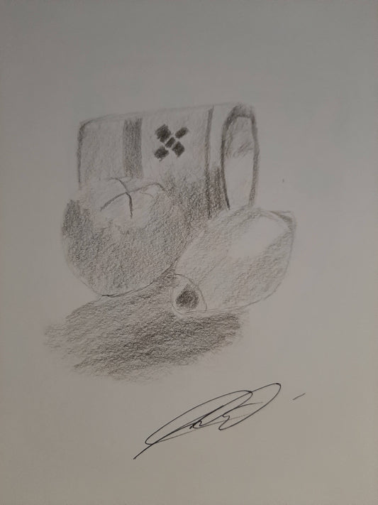 Digital Product of a pencil drawing of a Black and White Can and Fruit by Joseph Evaldi
