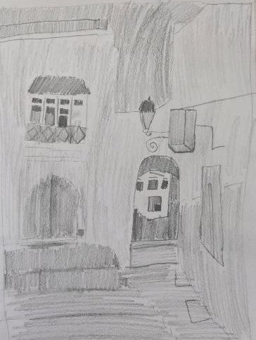 Black and White Pencil Drawing Digital Product of Building in the Background made by Joseph Evaldi in 2024