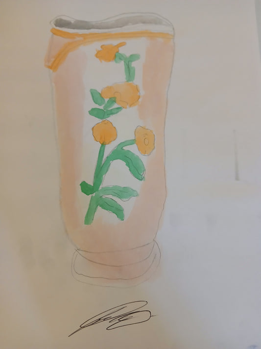 Digital Product of a Water Color Painting of an Orange and White with Flower Vase by Joseph Evaldi