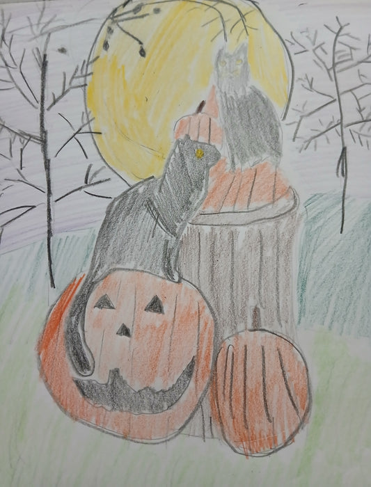 Black Cat and Jack o Lantern Drawing Digital Product from 2024 by Joseph Evaldi