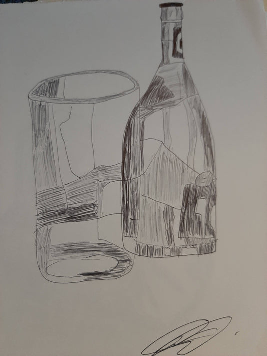 Digital Art Pen Drawing of Wine Bottle and Glass by Joseph Evaldi made in the 2010s